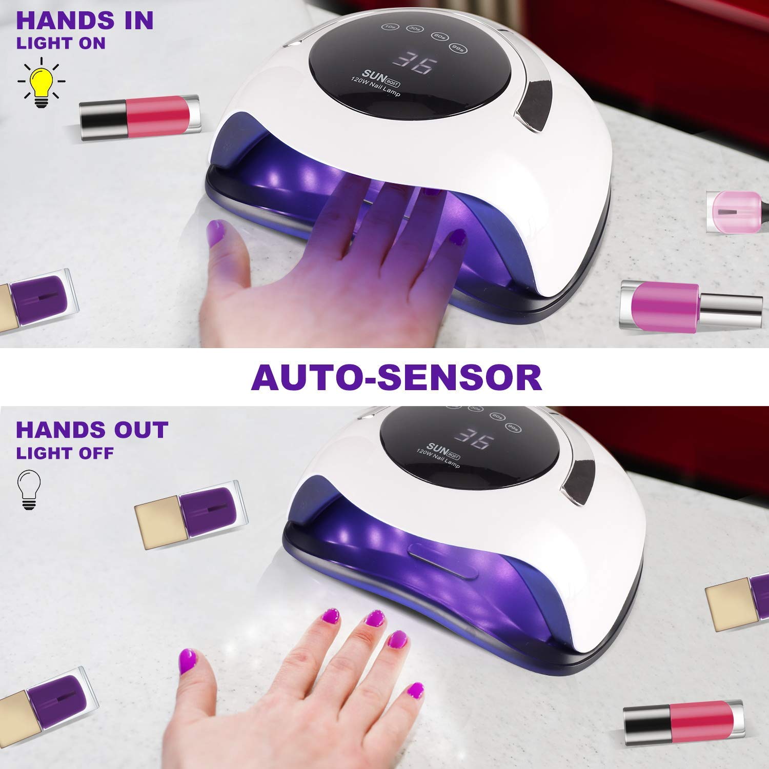 MAYCREATE 120W UV LED Nail Lamp Faster Nail Dryer Gel Polish Light, UV Gel Lamp With 36 Light Beads & 4 Timer Setting, Professional Curing Lamp for Fingernail and Toenail MAYCREATE 120W UV LED Nail Lamp Faster Nail Dryer Gel Polish Light, UV Gel Lamp With 36 Light Beads & 4 Timer Setting, Professional Curing Lamp for Fingernail and Toenail